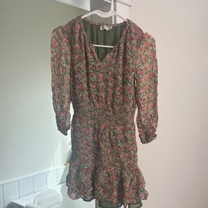 Vineyard Vines Pink and Green Floral V‑Neck Ruffle Dress